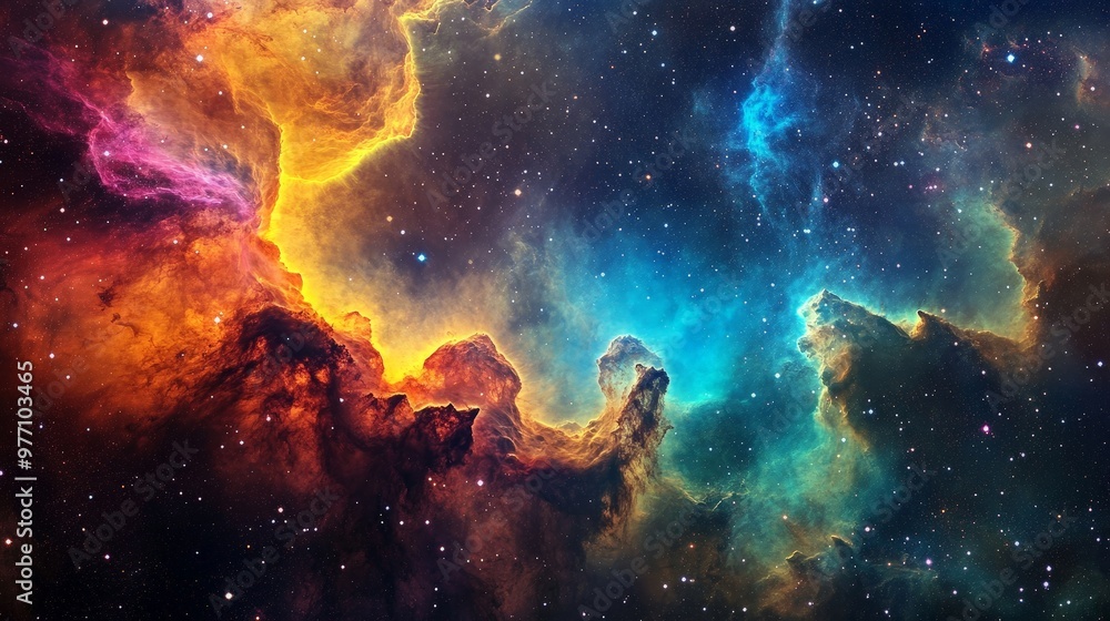 Fototapeta premium An expansive view of deep space featuring a nebula with vibrant colors and intricate patterns, surrounded by distant stars and cosmic dust.