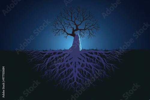 Eerie Halloween Tree Silhouette with Roots in Dark Blue Background - Haunting Halloween Illustration for Spooky Events photo