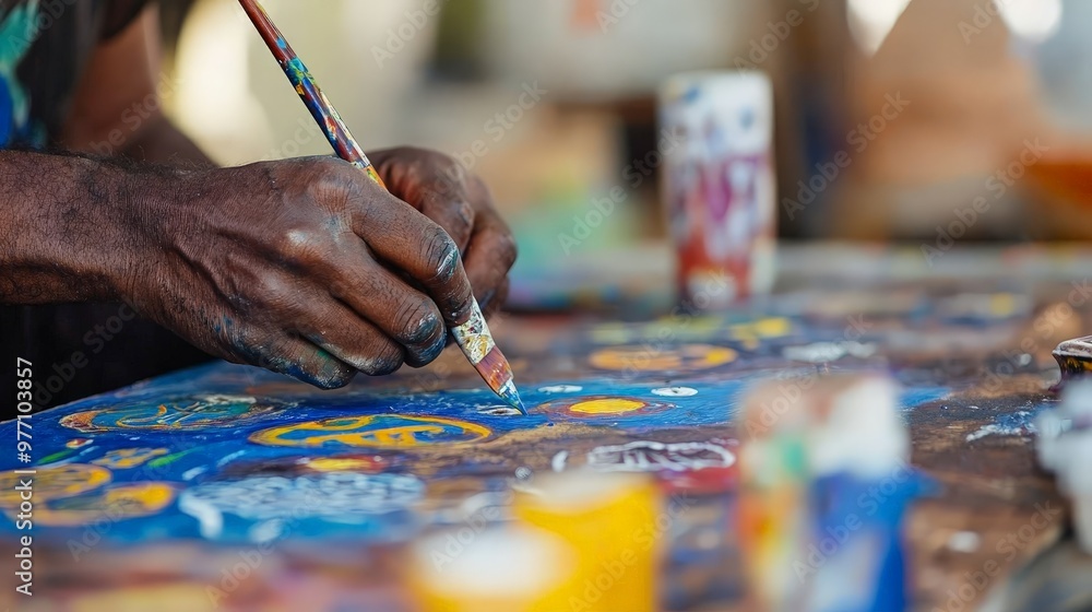 An indigenous artist at work, painting traditional symbols and patterns on canvas, reflecting the essence and stories of their culture. An indigenous artist at work, painting traditional symbols and patterns on canvas, reflecting the essence and stories of their culture.
