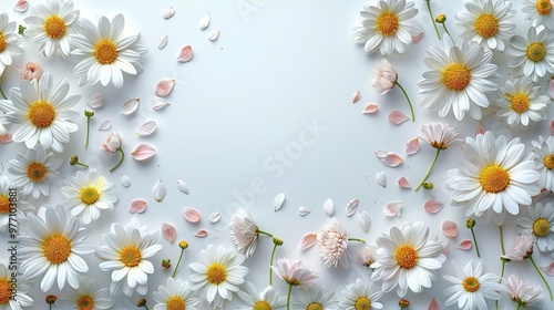 A beautiful arrangement of white daisies surrounded by delicate petals on a soft, light background. Generative AI