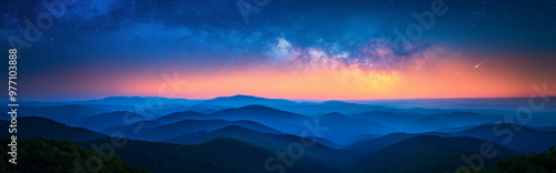 Stunning mountain landscape at twilight with a starry sky and milky way