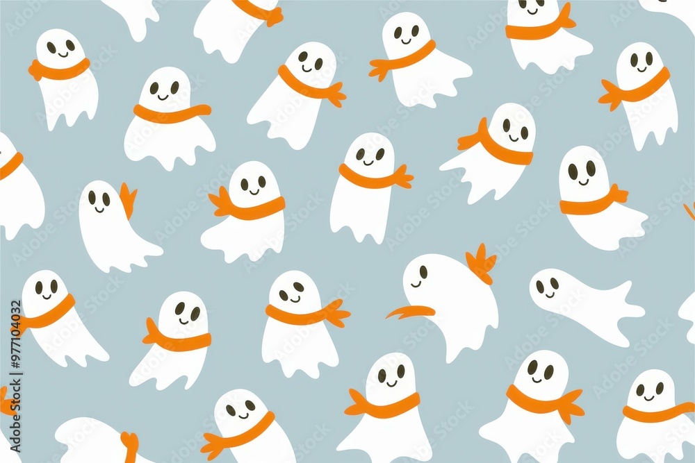 Playful Ghost Pattern with Orange Scarves on Light Blue Background Playful Ghost Pattern with Orange Scarves on Light Blue Background