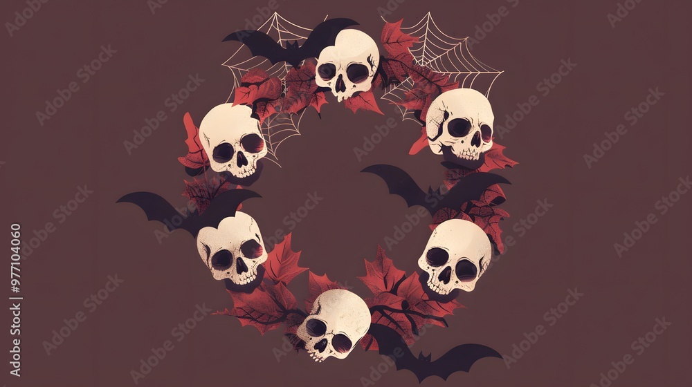 Fototapeta premium A spooky Halloween wreath featuring skulls, red leaves, and bats, perfect for seasonal decoration or festive imagery.