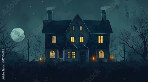 A spooky haunted house illuminated by moonlight, casting eerie shadows in a dark, mysterious landscape. Perfect for Halloween themes.