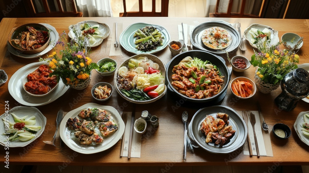 An inviting Korean dining table set with traditional dishes like bibimbap, kimchi stew, and an assortment of fresh vegetables and meats. An inviting Korean dining table set with traditional dishes like bibimbap, kimchi stew, and an assortment of fresh vegetables and meats.
