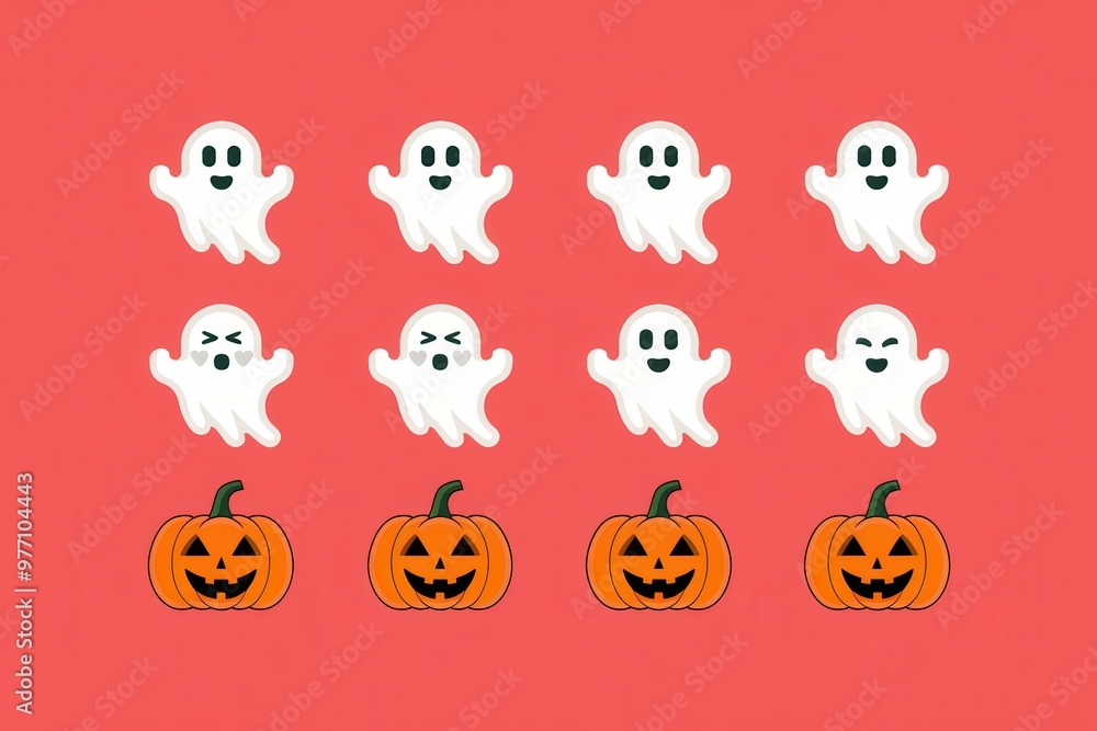 Cute Ghosts and Pumpkins on Bright Red Background - Playful Halloween Graphics for Festive Events Cute Ghosts and Pumpkins on Bright Red Background - Playful Halloween Graphics for Festive Events