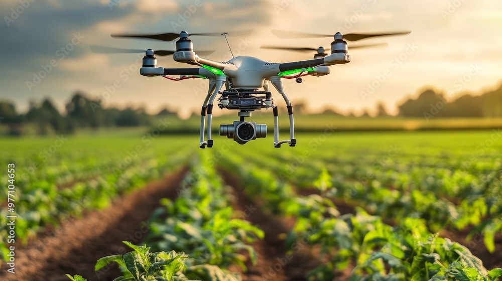 Capture the essence of artificial intelligence in agriculture, with AI-driven drones monitoring crops, smart irrigation systems optimizing water use Capture the essence of artificial intelligence in agriculture, with AI-driven drones monitoring crops, smart irrigation systems optimizing water use