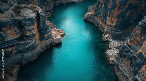 Aerial view of a turquoise river winding through steep rocky cliffs