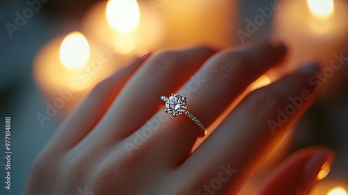 Diamond Engagement Ring on a Hand with Candlelight Background