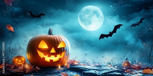 halloween horror background, moon, halloween pumpkin, bat night scene 