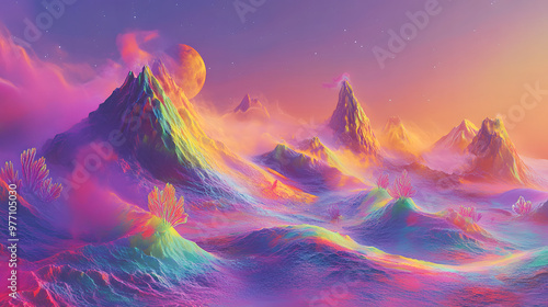 A peculiar alien landscape with mountains made of swirling, multicolored mist, and neon plants growing from the air, under a kaleidoscope sky. photo