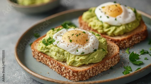 1Whole grain toast topped with smashed avocado and cherry tomatoes, brain-boosting breakfast, simple and healthy