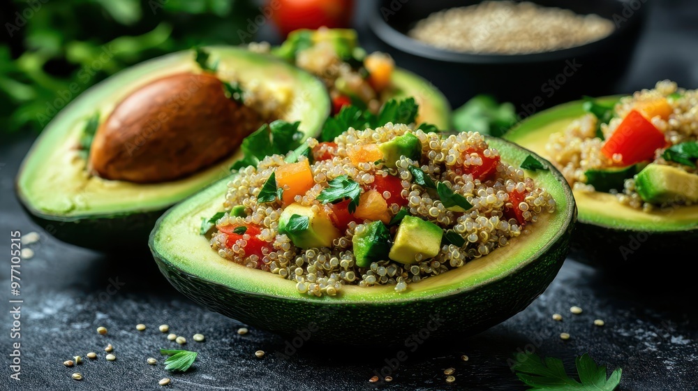 Avocado halves filled with a quinoa salad, brain-boosting lunch, nutrient-packed and delicious Avocado halves filled with a quinoa salad, brain-boosting lunch, nutrient-packed and delicious