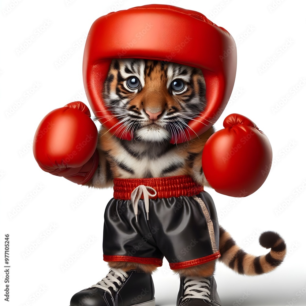 A cute cartoon tiger cub dressed as a boxer, wearing red gloves and shorts, ready to fight. white background A cute cartoon tiger cub dressed as a boxer, wearing red gloves and shorts, ready to fight. white background