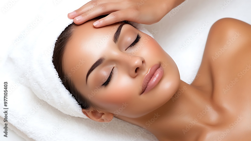 Luminous Woman Enjoying Soothing Head Massage on Serene White Background Luminous Woman Enjoying Soothing Head Massage on Serene White Background
