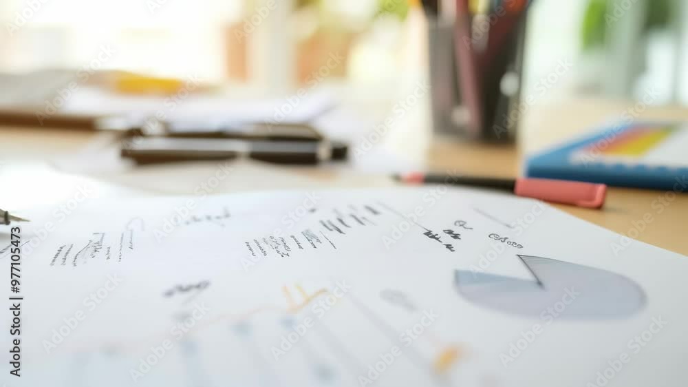 Close-up of a business report with pie charts and a pen on a desk. Great for financial planning and corporate presentations.