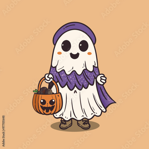 Adorable ghost in purple cape cheerfully holding jack-o'-lantern against beige background