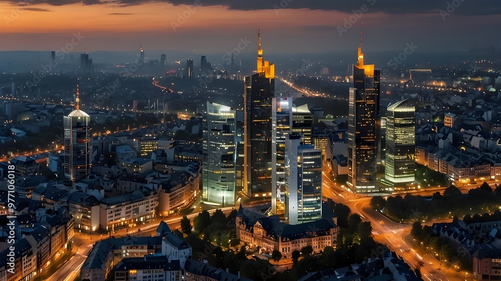 Fototapeta premium Aerial panoramic view of Frankfurt, Germany captured at dusk