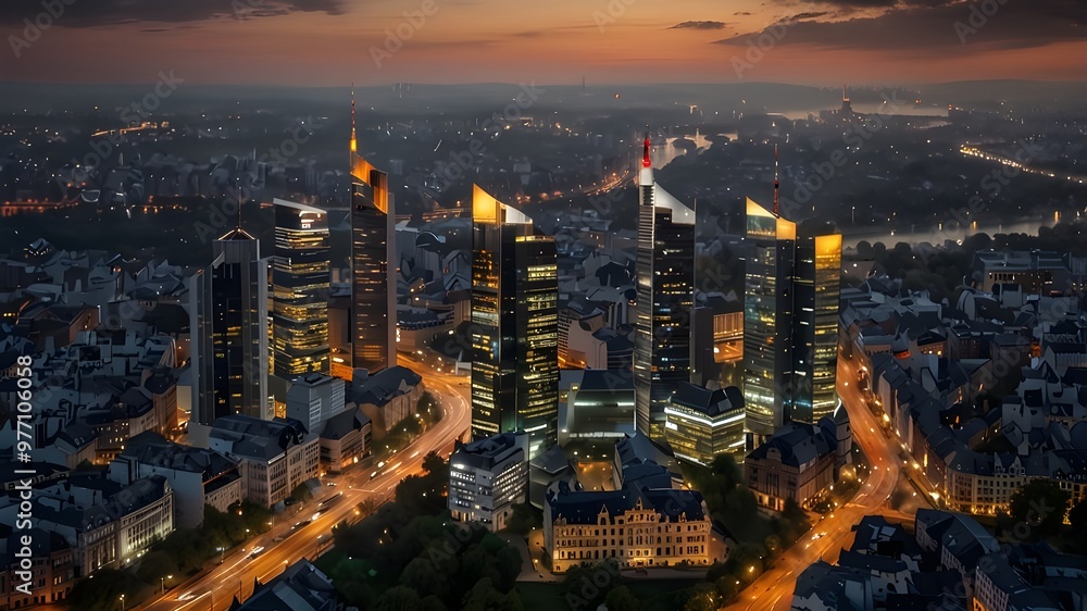 Obraz premium Aerial panoramic view of Frankfurt, Germany captured at dusk