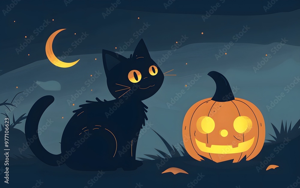 A whimsical black cat sits beside a glowing pumpkin under a crescent moon, perfect for Halloween-themed designs and decorations. A whimsical black cat sits beside a glowing pumpkin under a crescent moon, perfect for Halloween-themed designs and decorations.
