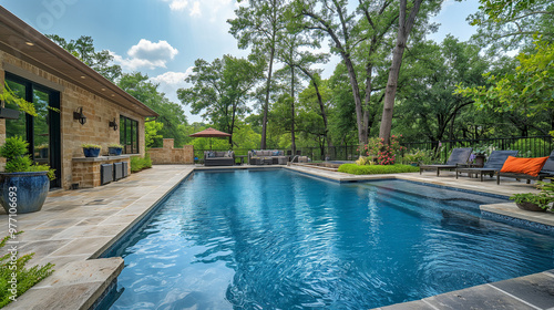 Luxurious backyard pool area with outdoor seating surrounded by trees