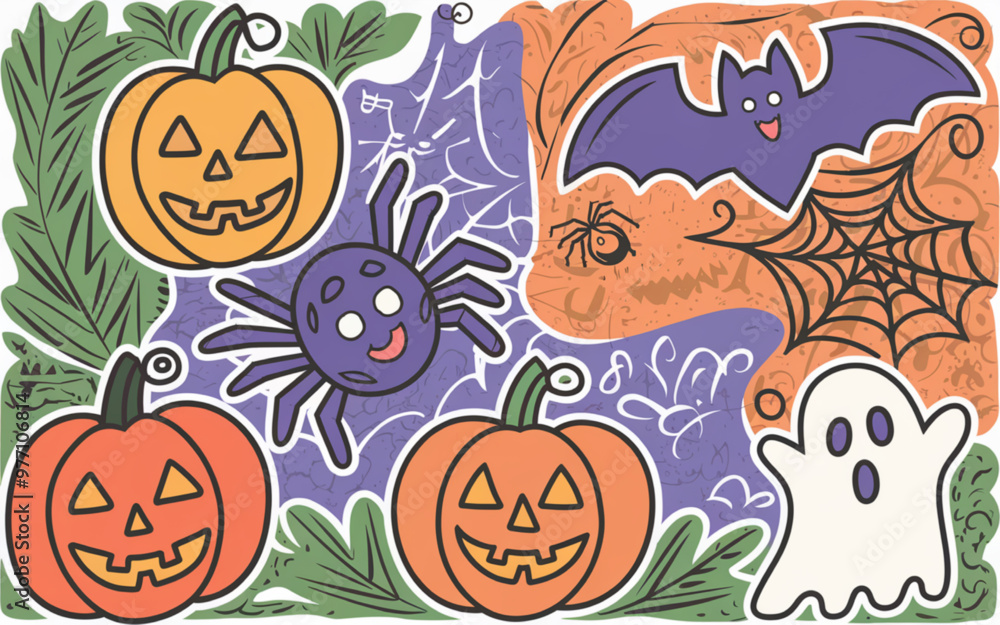 festive Halloween-themed illustration featuring a variety of elements commonly associated with the holiday. festive Halloween-themed illustration featuring a variety of elements commonly associated with the holiday.