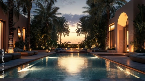 Minimalist poolside area with stylish furniture and towering palm trees