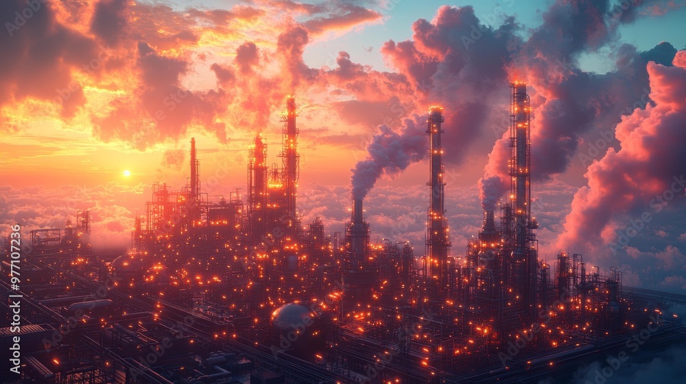 Industrial Power Plant in Clouds at Sunrise Generative AI Industrial Power Plant in Clouds at Sunrise Generative AI