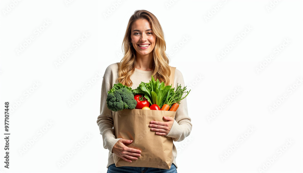 Portrait of a woman holding a reusable bag of fresh vegetables, promoting health and sustainability.
Portrait of a woman holding a reusable bag of fresh vegetables, promoting health and sustainability.