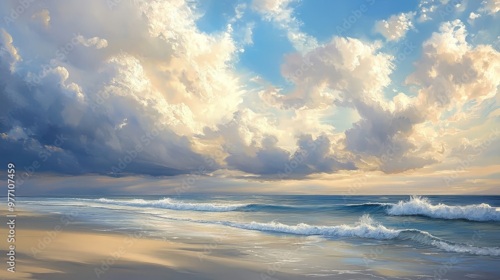 Create a scene of a cloud-filled sky above a serene beach, with the soft light casting gentle shadows on the sand and waves, inviting relaxation and peace Create a scene of a cloud-filled sky above a serene beach, with the soft light casting gentle shadows on the sand and waves, inviting relaxation and peace