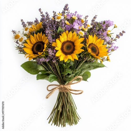 A vibrant bouquet featuring sunflowers, lavender, and wildflowers, tied together with twine against a clean background, perfect for brightening any space #977107670