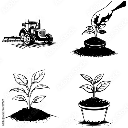 Agriculture Illustrations Tractor, Planting, and Growth Stages