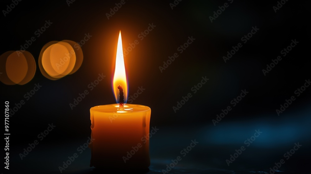 A solitary candle burns brightly against a dark background, casting a warm glow and creating a serene atmosphere A solitary candle burns brightly against a dark background, casting a warm glow and creating a serene atmosphere
