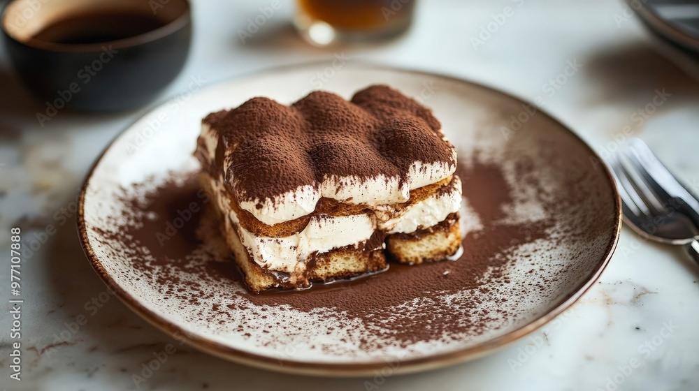A sumptuous tiramisu with layers of espresso-soaked ladyfingers and mascarpone cream, topped with cocoa powder, offering a dessert that's too delicious to resist. A sumptuous tiramisu with layers of espresso-soaked ladyfingers and mascarpone cream, topped with cocoa powder, offering a dessert that's too delicious to resist.
