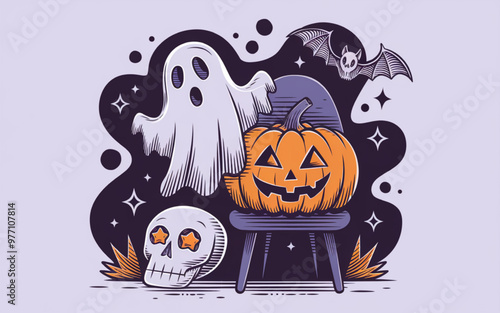 festive Halloween-themed illustration featuring a variety of elements commonly associated with the holiday.