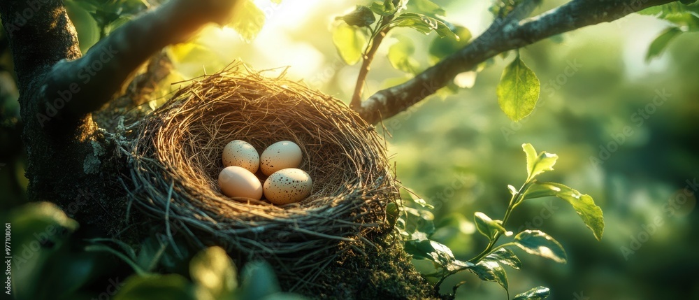 A serene scene of a bird's nest nestled in a tree, containing four eggs, surrounded by lush greenery and soft morning light A serene scene of a bird's nest nestled in a tree, containing four eggs, surrounded by lush greenery and soft morning light