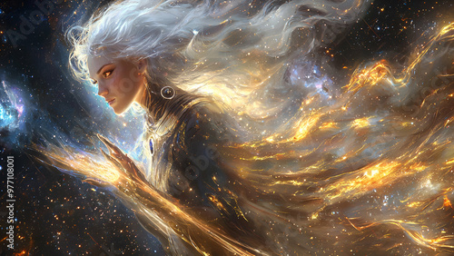 Celestial Awakening, The Cosmic Being, A mystical figure channels the universe's energy, with radiant light emanating from their core, symbolizing the unity of human consciousness and the cosmos.