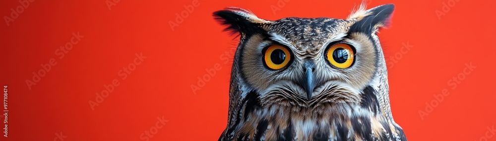 Fototapeta premium A striking close-up of an owl with large, bright yellow eyes set against a bold red background, showcasing the detailed feathers and intense gaze of this majestic bird