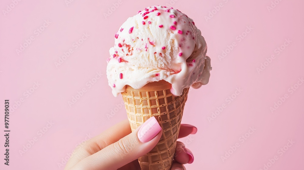 A hand holds a strawberry ice cream cone with pink sprinkles against a pastel pink backdrop. A hand holds a strawberry ice cream cone with pink sprinkles against a pastel pink backdrop.