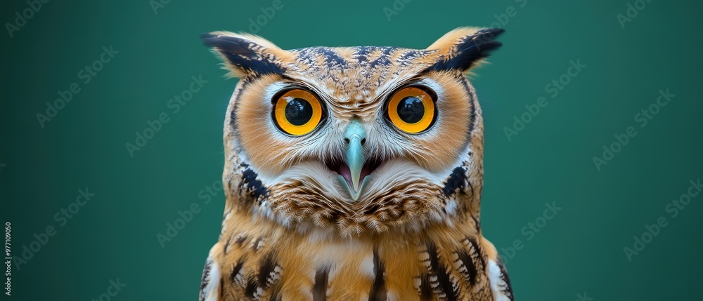 A close-up of an owl with striking amber eyes and detailed feathers, set against a vibrant green background, showcasing its intense expression and striking features A close-up of an owl with striking amber eyes and detailed feathers, set against a vibrant green background, showcasing its intense expression and striking features
