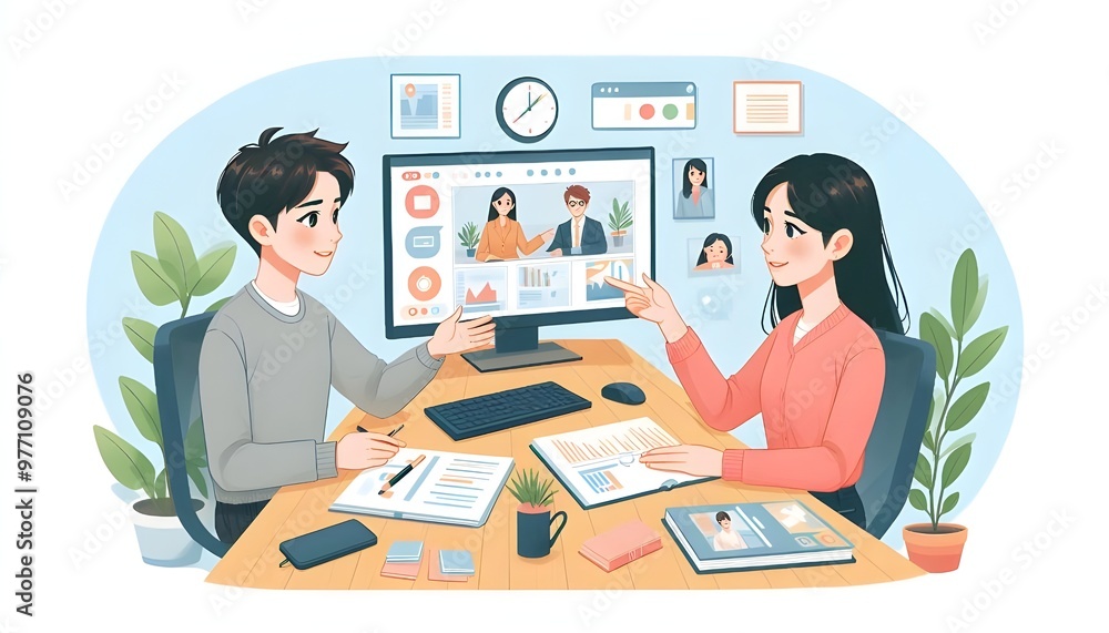 Illustration of two people having a video meeting, with one holding out their hand and the other presenting some documents on the screen Stock Illustration of two people having a video meeting, with one holding out their hand and the other presenting some documents on the screen Stock