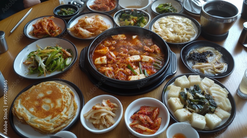 A traditional Korean meal with a variety of banchan (side dishes), including spicy kimchi, savory pancakes, and sweet soy sauce dishes. A traditional Korean meal with a variety of banchan (side dishes), including spicy kimchi, savory pancakes, and sweet soy sauce dishes.