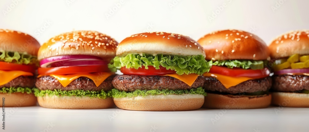 A lineup of delicious burgers showcasing layers of lettuce, tomato, onion, cheese, and sesame seed buns, highlighting their appetizing variety A lineup of delicious burgers showcasing layers of lettuce, tomato, onion, cheese, and sesame seed buns, highlighting their appetizing variety