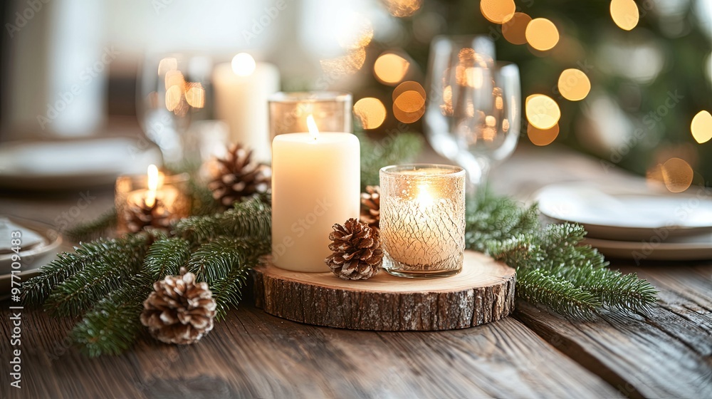 Rustic Christmas Table Setting with Candles and Pine Branches Rustic Christmas Table Setting with Candles and Pine Branches