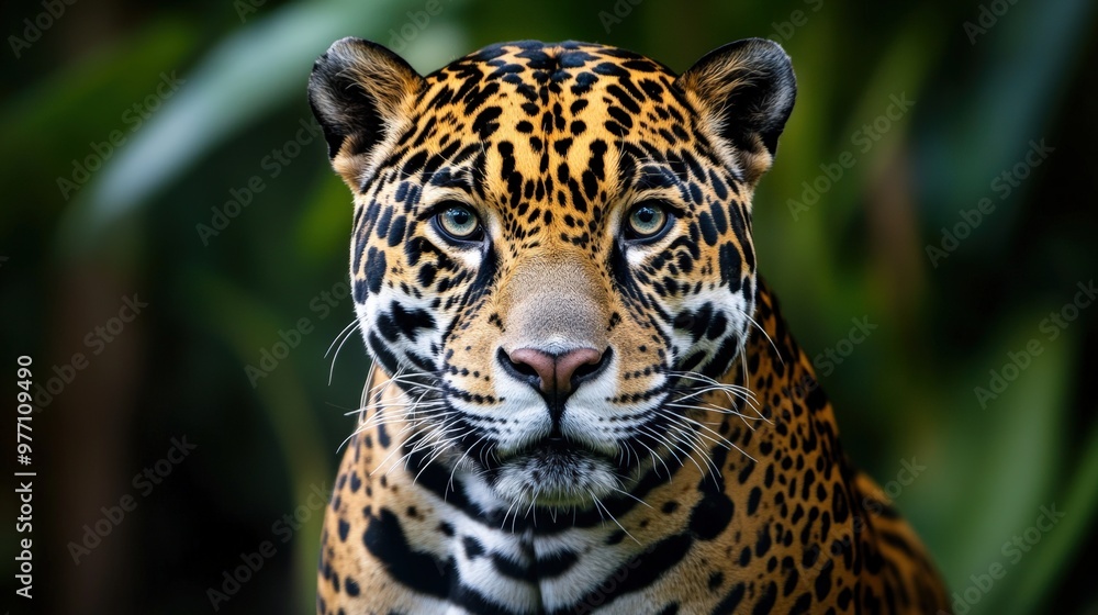 Obraz premium Close-up Portrait of a Jaguar with Intense Gaze in Lush Forest Sanctuary