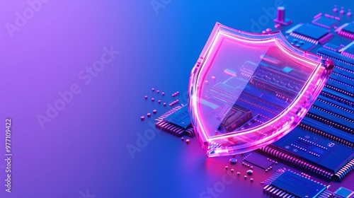 A colorful shield icon representing digital security on a high-tech circuit board, symbolizing protection in technology.