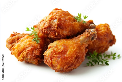 A delicious platter of crispy fried chicken drumsticks garnished with fresh herbs, showcasing a golden-brown crust and juicy meat inside