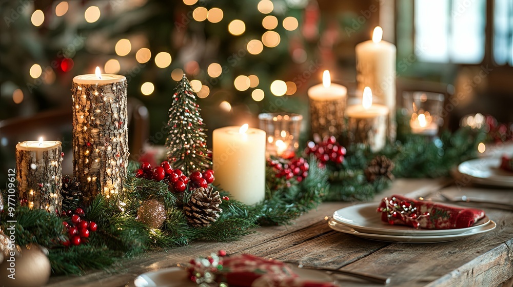 Christmas Table Setting with Candles and Evergreen Garland Christmas Table Setting with Candles and Evergreen Garland