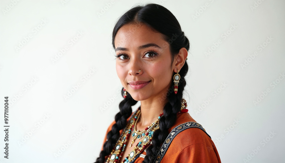 Young Native American woman in traditional attire, reflecting grace and pride against a white background.
Young Native American woman in traditional attire, reflecting grace and pride against a white background.