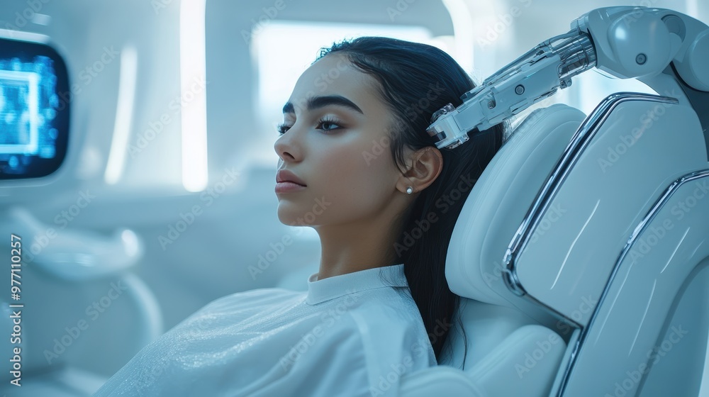 Young woman receiving futuristic neural interface treatment in high-tech medical facility Young woman receiving futuristic neural interface treatment in high-tech medical facility